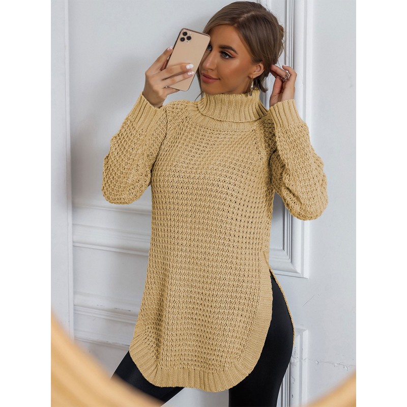 Women Pullover Sweater Light Gray High Collar Long Sleeves Cotton Sweaters Casual Fall Winter