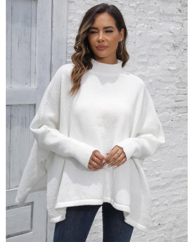 Women Pullovers White Split Front High Collar Long Sleeves Oversized Acrylic Sweaters Casual Spring Fall Winter