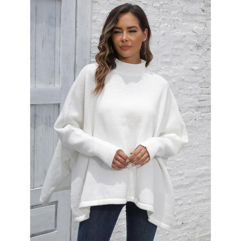 Women Pullovers White Split Front High Collar Long Sleeves Oversized Acrylic Sweaters Casual Spring Fall Winter