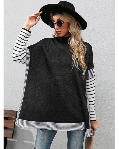 Women Pullover Sweater Black Stripes High Collar Long Sleeves Sweaters Casual Fall Winter