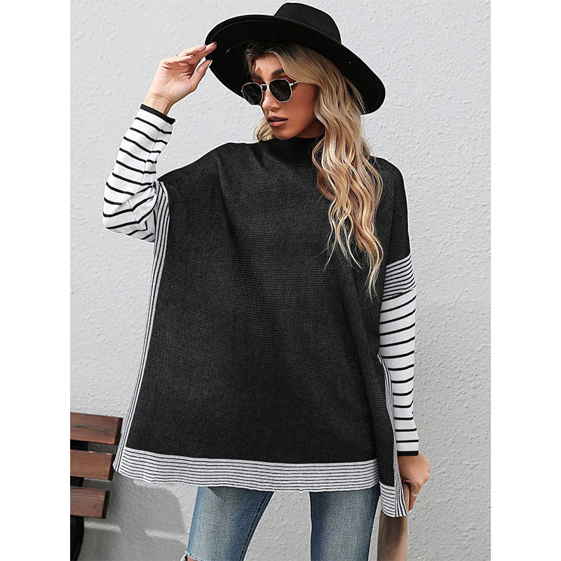 Women Pullover Sweater Black Stripes High Collar Long Sleeves Sweaters Casual Fall Winter