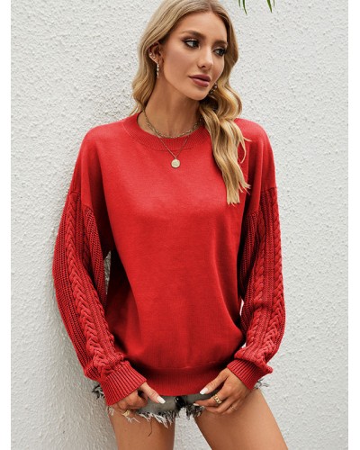 Women Pullovers Tops Red Jewel Neck Long Sleeves Sweaters Casual Spring Fall Winter