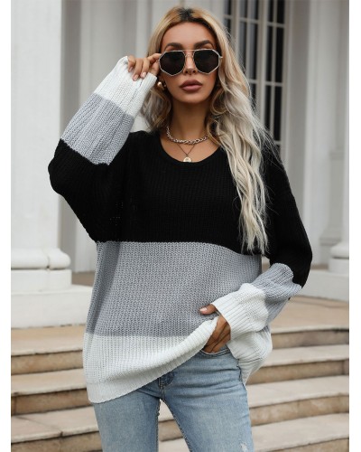 Women Pullovers Black Color Block Jewel Neck Long Sleeves Stretch Sweaters Casual Spring Fall