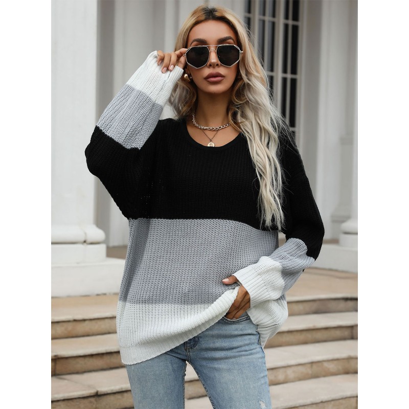 Women Pullovers Black Color Block Jewel Neck Long Sleeves Stretch Sweaters Casual Spring Fall