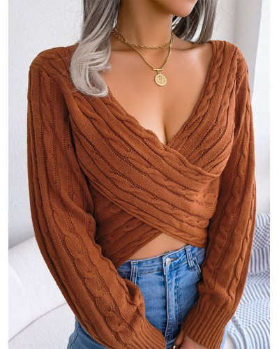 Pullovers For Women Coffee Brown V-Neck Long Sleeves Acrylic Sweaters Sexy Street Wear