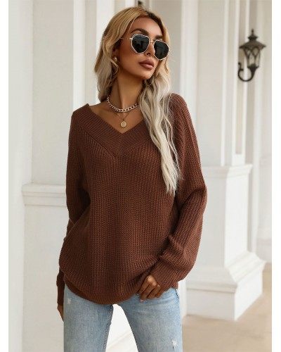 Women Pullovers Coffee Brown V Neck Long Sleeves Stretch Sweaters Casual Spring Fall