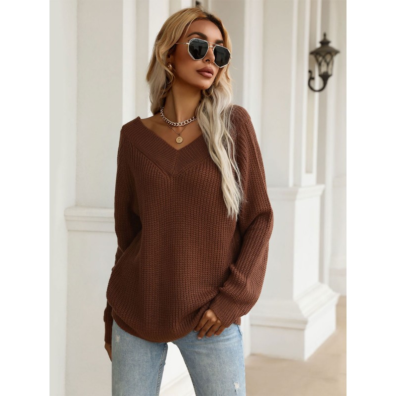 Women Pullovers Coffee Brown V Neck Long Sleeves Stretch Sweaters Casual Spring Fall