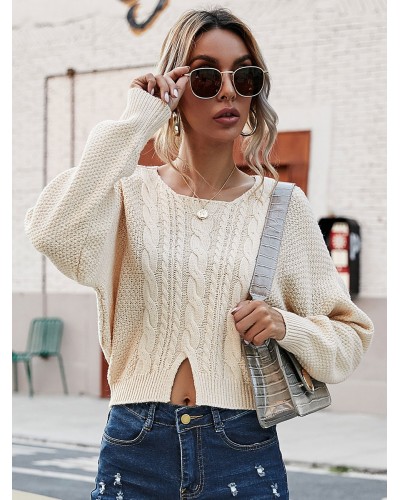 Women Pullover Sweater Apricot Crochet Jewel Neck Long Sleeves Acrylic Sweaters Sexy Fall Winter