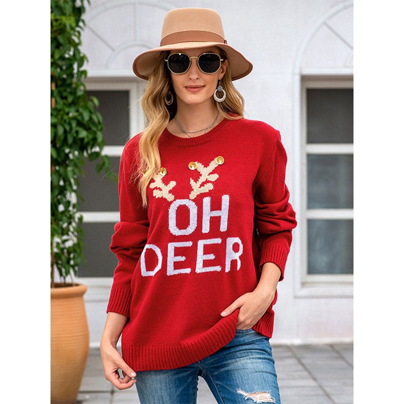 Women Pullover Sweater 2023 Red Christmas Tops Classic  Traditional Casual Spring Fall Winter