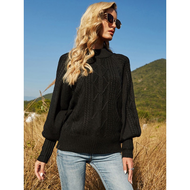 Women Pullover Sweater Black Jewel Neck Long Sleeves Acrylic Sweaters Casual Fall Winter