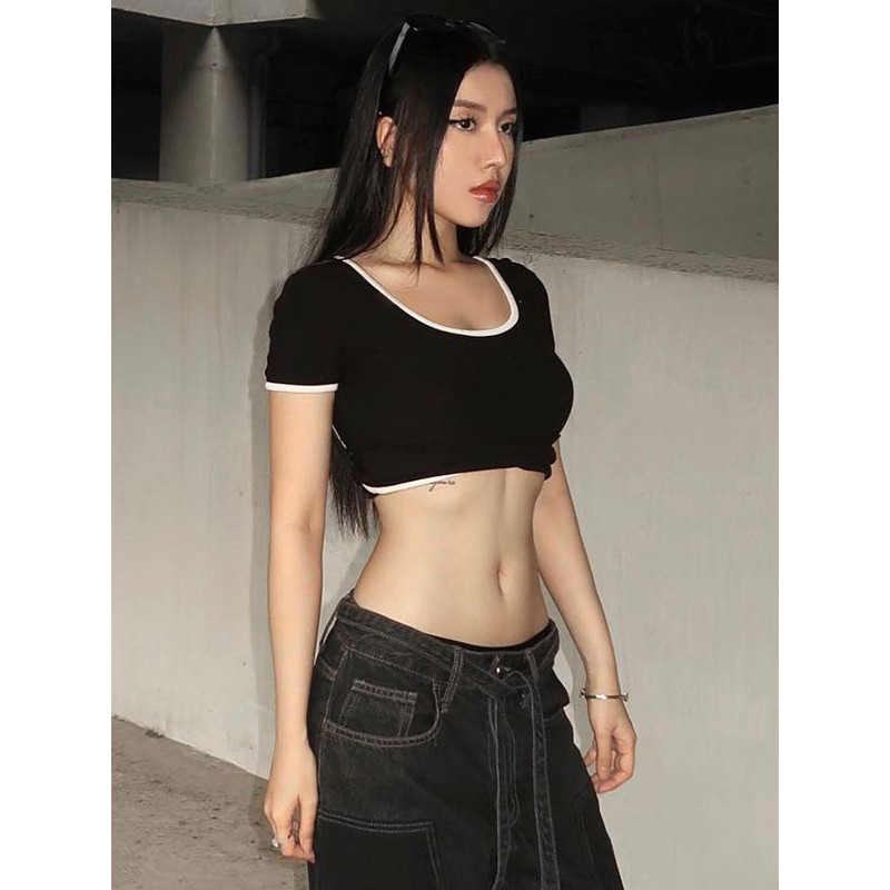 Women Short Sleeves Tees Black Two-Tone Cut Out Jewel Neck Tee Shirt Casual Street Wear Daily Casual