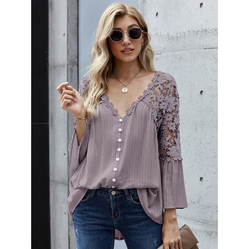 Women 3/4 Length Sleeves Tees Black Sheer Lace Buttons V-Neck Tee Shirt Chic  Modern Street Wear Daily Casual