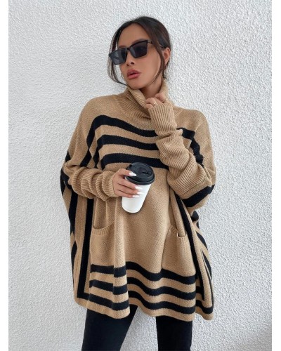 Pullovers For Women Khaki Two-Tone High Collar Long Sleeves Oversized Sweaters Casual Street Wear Indoor Field