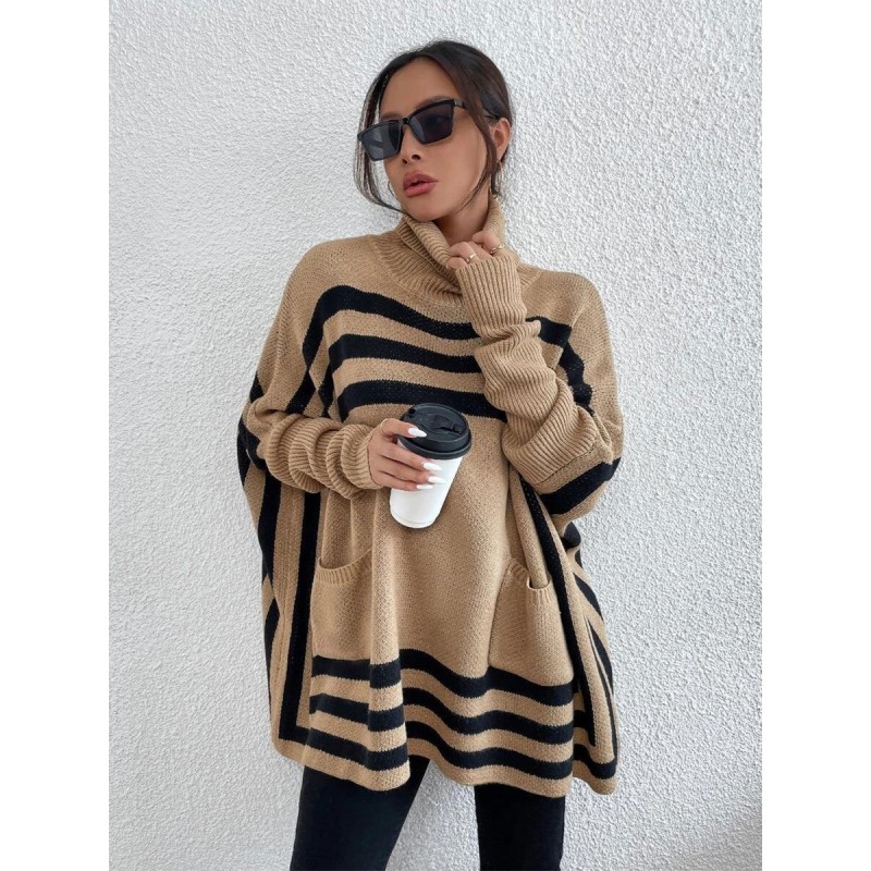 Pullovers For Women Khaki Two-Tone High Collar Long Sleeves Oversized Sweaters Casual Street Wear Indoor Field