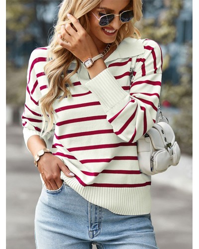 Women Pullover Sweater Burgundy Stripes Turndown Collar Long Sleeves Sweaters Casual Fall Winter