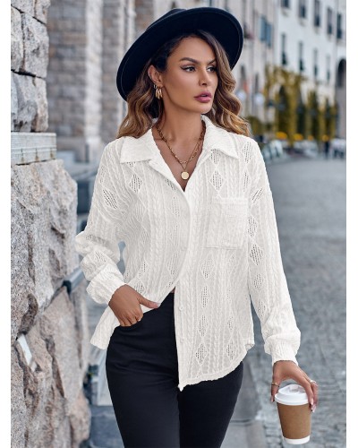 Women Blouse White Buttons Turndown Collar Long Sleeves Polyester Tops Casual Daily Casual Office  Career