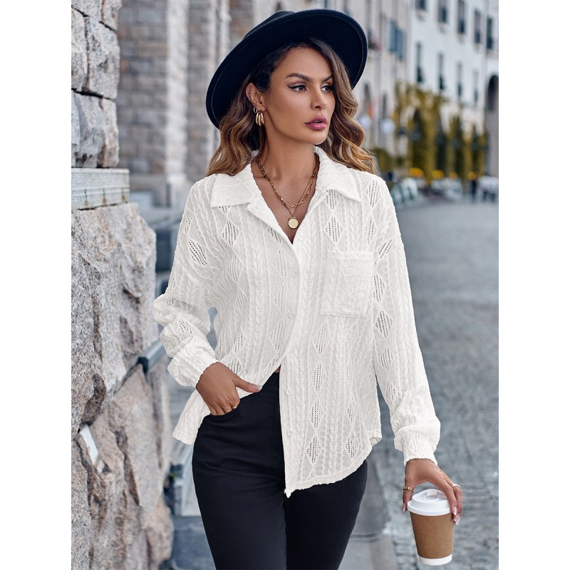 Women Blouse White Buttons Turndown Collar Long Sleeves Polyester Tops Casual Daily Casual Office  Career