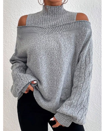 Women Pullover Sweater Gray High Collar Long Sleeves Sweaters Casual Spring Fall Winter