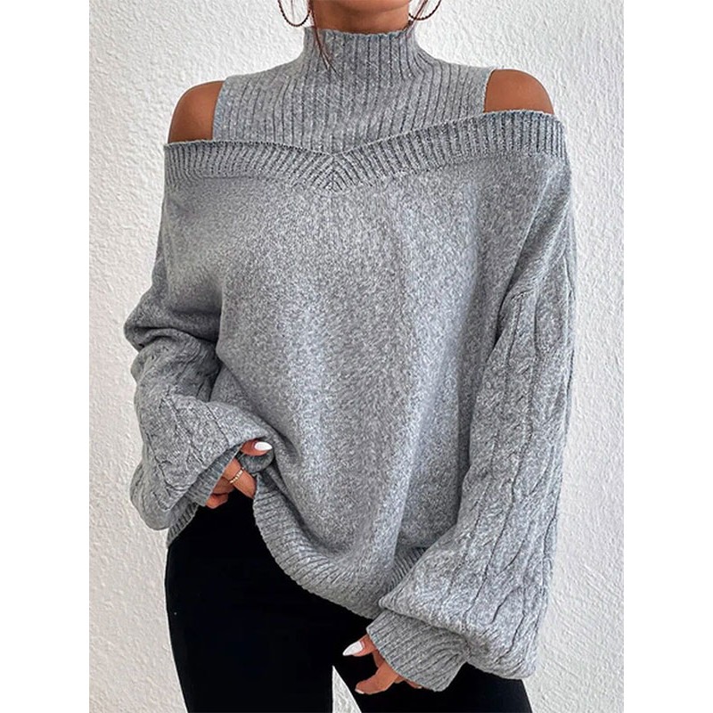 Women Pullover Sweater Gray High Collar Long Sleeves Sweaters Casual Spring Fall Winter