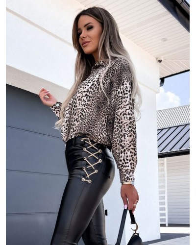 Blouse For Women Coffee Brown Turndown Collar Leopard Print Long Sleeves Tops Casual