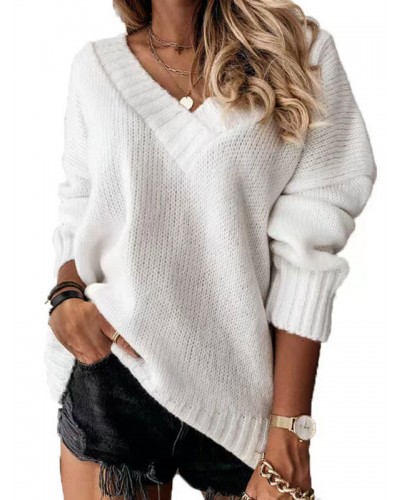 Women Pullover Sweater Apricot V-Neck Long Sleeves Acrylic Sweaters Casual Street Wear