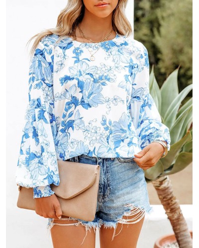 Women Blouse Blue Jewel Neck Floral Printed Long Sleeves Blue T Shirt Casual Academic Spring Fall Winter