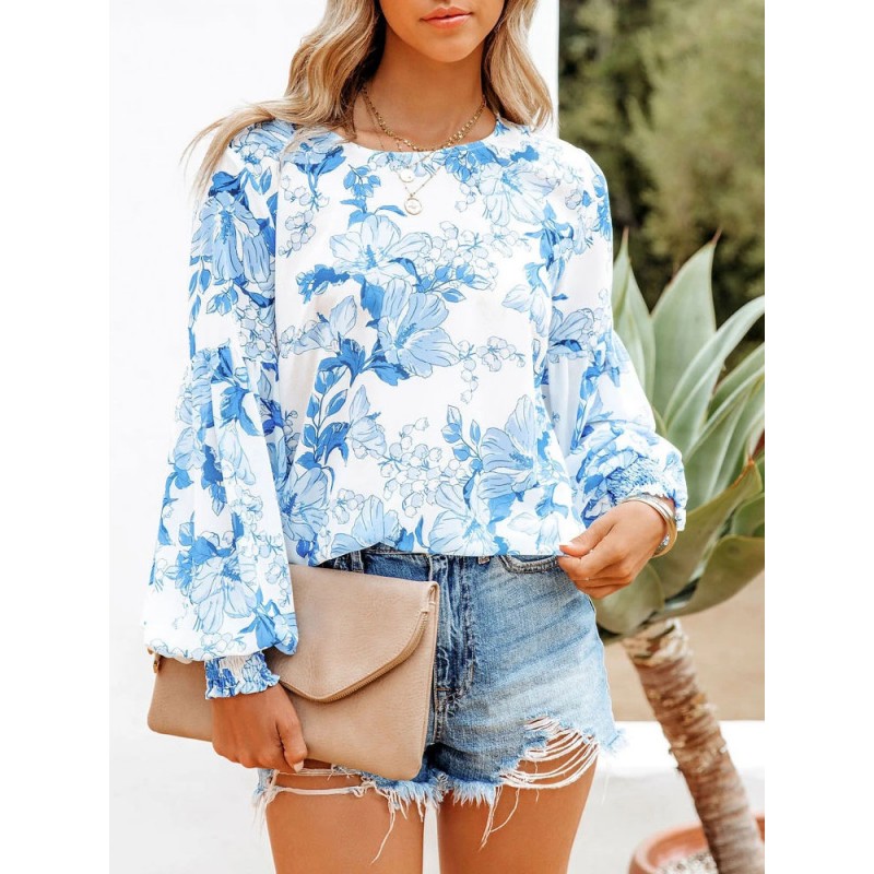 Women Blouse Blue Jewel Neck Floral Printed Long Sleeves Blue T Shirt Casual Academic Spring Fall Winter