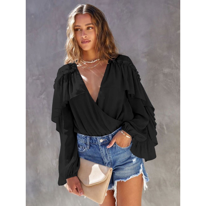 Long Sleeves Bodysuit Black Ruffles V-Neck Tops For Women Sweet Sexy Street Wear Daily Casual Dating