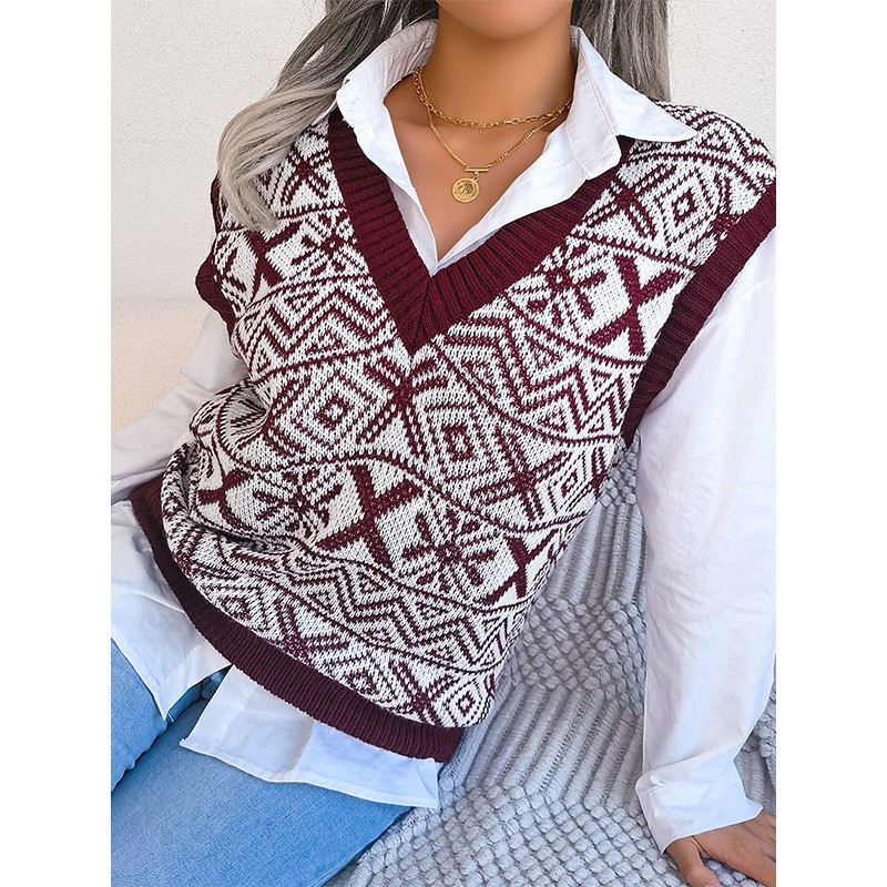 Women Pullovers Burgundy Two-Tone V-Neck Sleeveless Acrylic Sweaters Casual Fall Winter