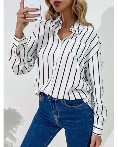 White Blouse For Women Turndown Collar High Low Design Stripes Pattern Pockets Buttons Long Sleeves Shirt Casual Street Wear Indoor Field