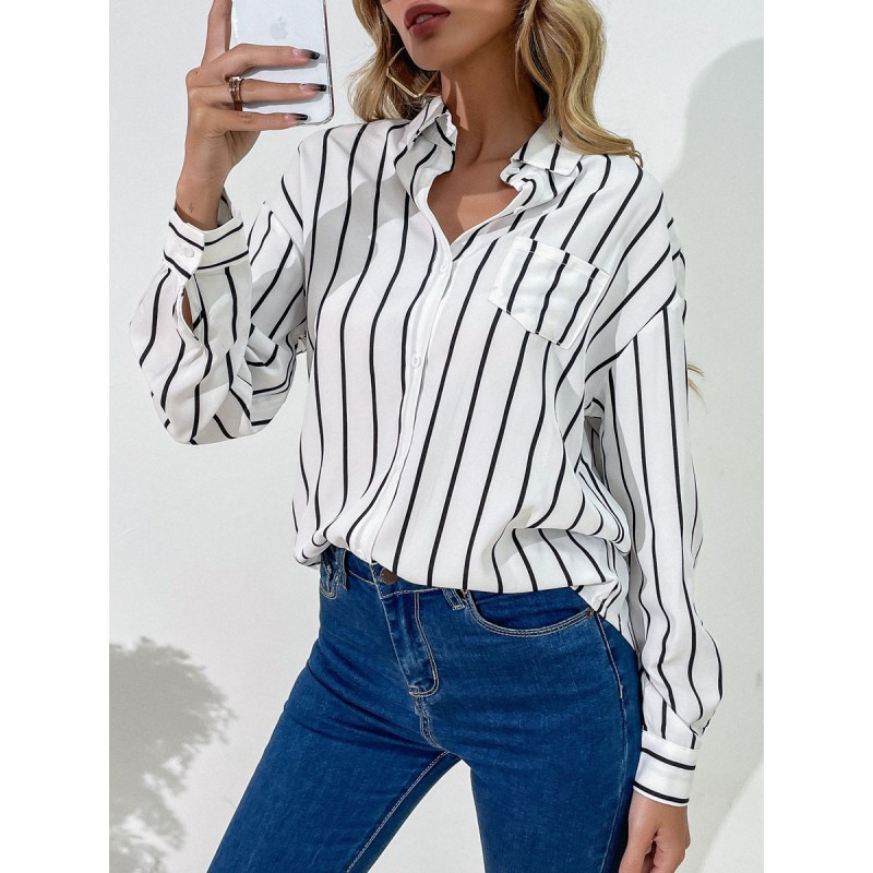 White Blouse For Women Turndown Collar High Low Design Stripes Pattern Pockets Buttons Long Sleeves Shirt Casual Street Wear Indoor Field