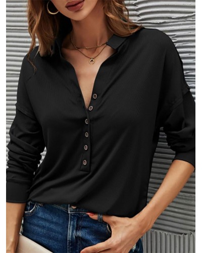 Women Blouse Black Turndown Collar Buttons Long Sleeves Tops Casual Spring Summer