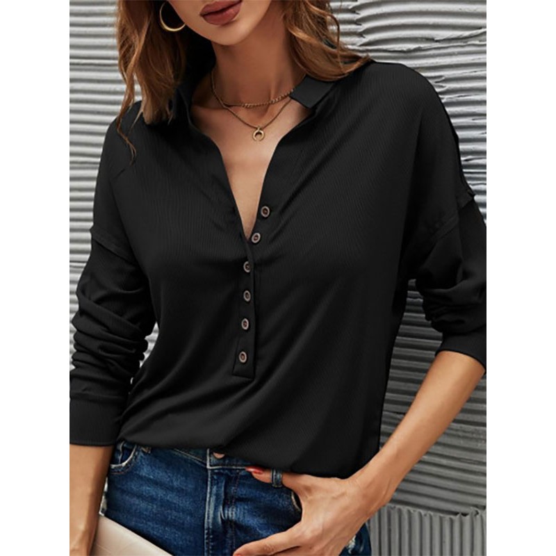 Women Blouse Black Turndown Collar Buttons Long Sleeves Tops Casual Spring Summer