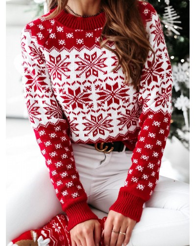 Women Pullover Sweater Red Pattern Knit Tops Casual Christmas Street Wear Indoor Field