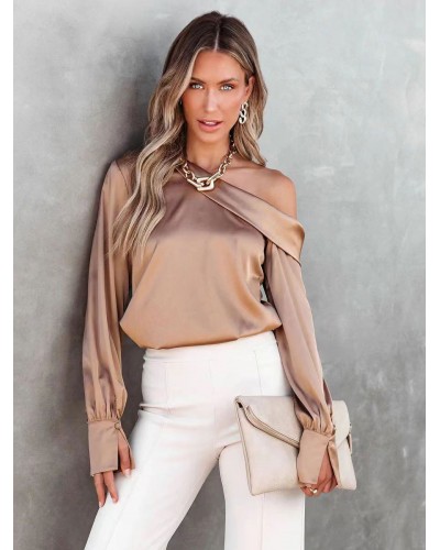 Long Sleeves Tees Light Brown Asymmetrical Neck T Shirt For Women Casual Fall