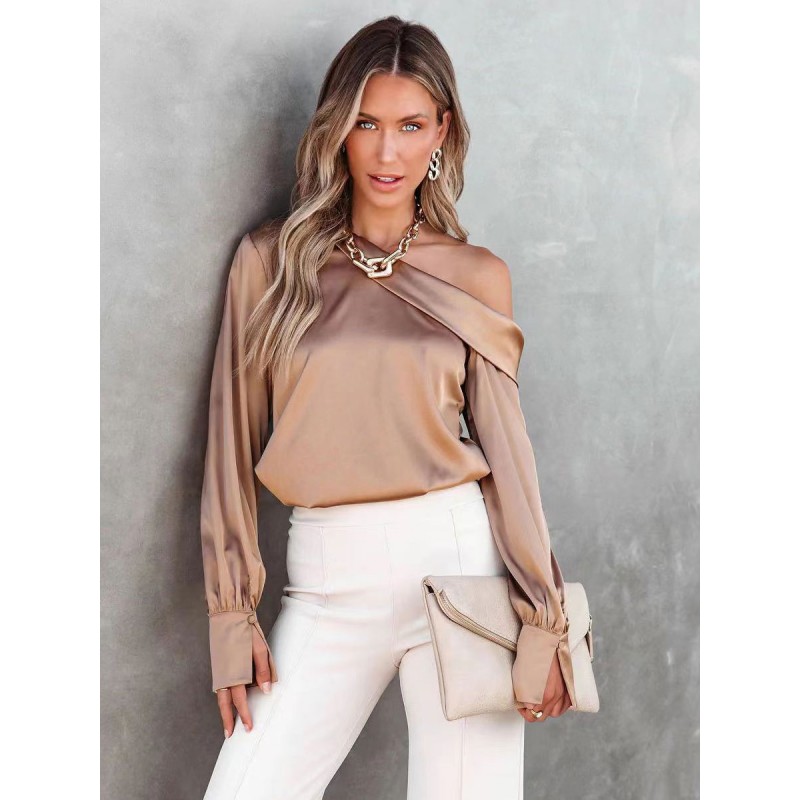 Long Sleeves Tees Light Brown Asymmetrical Neck T Shirt For Women Casual Fall