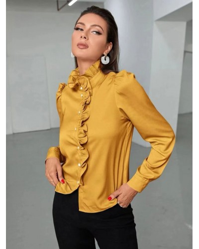 Blouse For Women Gold High Collar Buttons Cascading Ruffles Long Sleeves Tops Casual Street Wear Dating Office  Career