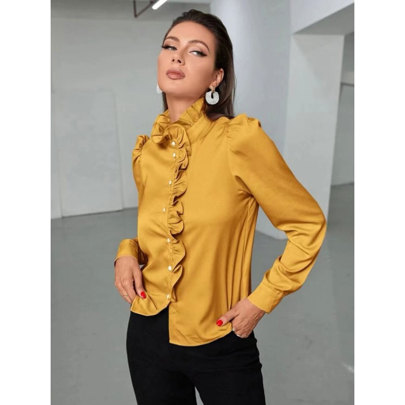 Blouse For Women Gold High Collar Buttons Cascading Ruffles Long Sleeves Tops Casual Street Wear Dating Office  Career