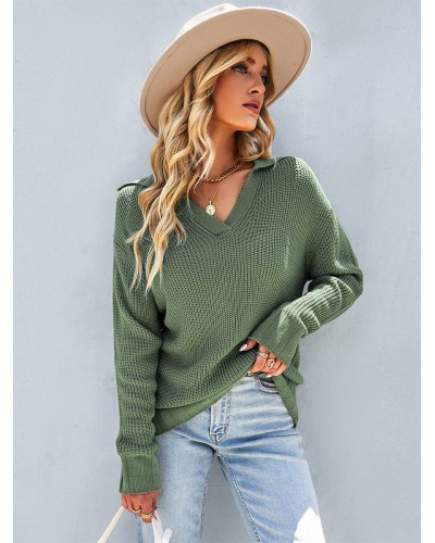 Women Pullover Sweater Green V-Neck Long Sleeves Sweaters Casual Fall Winter