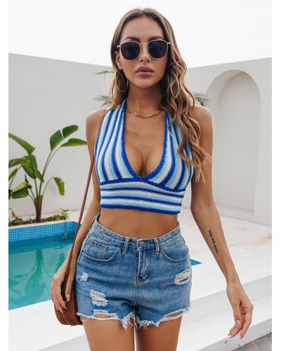 Women Sexy Top V-Neck Sleeveless Color Block Summer Tops Beach Street Wear