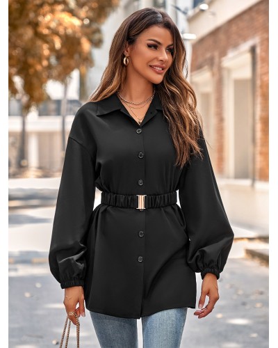 Blouse For Women Black Sash Turndown Collar Long Sleeves Polyester Tops Casual Daily Casual Office  Career