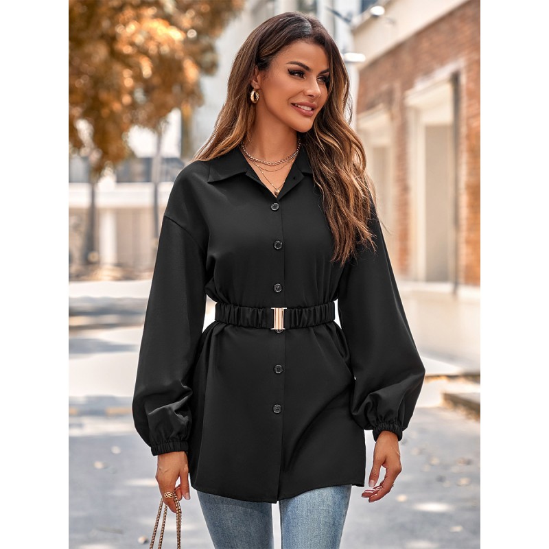 Blouse For Women Black Sash Turndown Collar Long Sleeves Polyester Tops Casual Daily Casual Office  Career