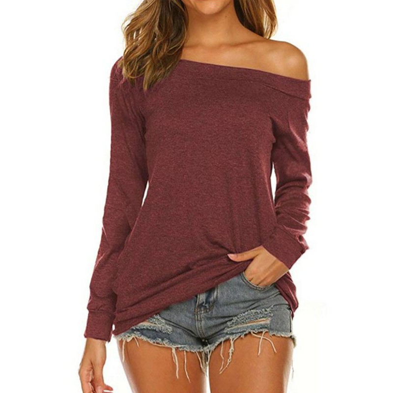 Women Blouse Burgundy Long Sleeves Cotton Blend Bateau Neck T Shirt Casual Street Wear