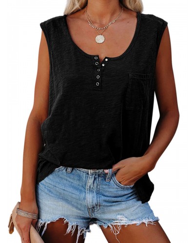 Women Black Cami Top V-Neck Buttons Camis Casual Street Wear