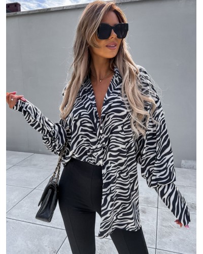 Blouse For Women Black Turndown Collar Zebra Print Long Sleeves Tops Casual