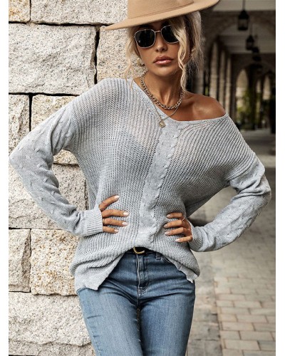 Women Pullover Sweater Light Gray V-Neck Long Sleeves Sweaters Casual Field