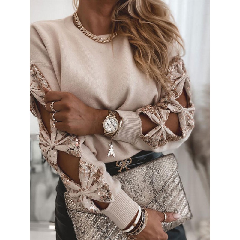 Women Pullover Sweater Apricot Sequins Jewel Neck Long Sleeves Sweaters Casual Spring Fall Winter