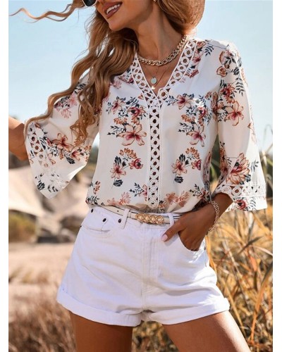 Blouse For Women White V-Neck Floral Print Cut Out Half Sleeves Tops Casual Street Wear Field