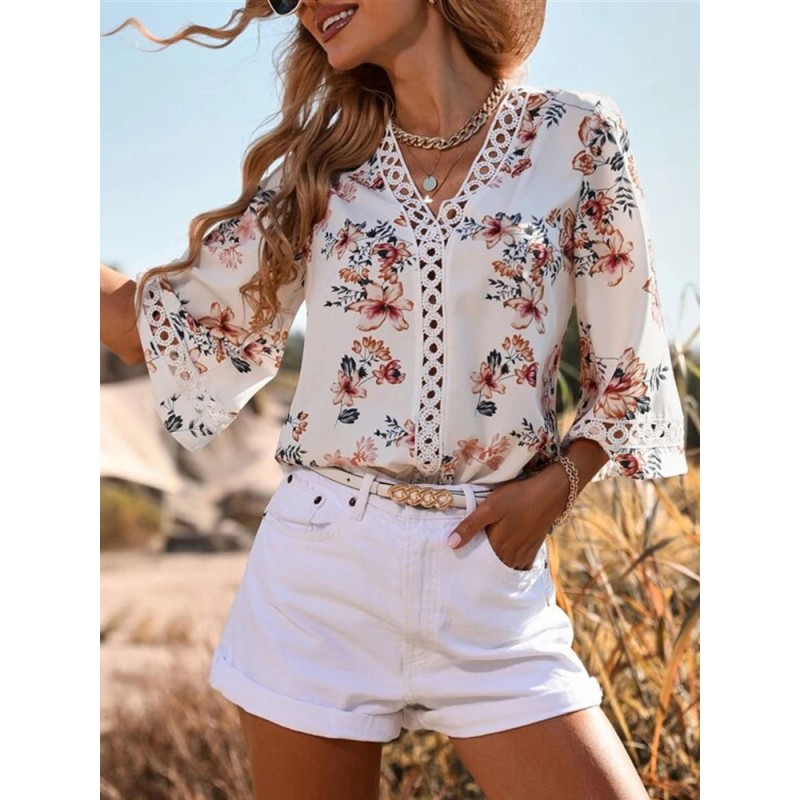 Blouse For Women White V-Neck Floral Print Cut Out Half Sleeves Tops Casual Street Wear Field