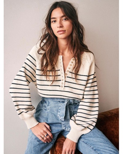 Women Pullover Sweater Light Apricot Buttons Stripes Jewel Neck Long Sleeves Cotton Sweaters Casual Spring Fall Winter